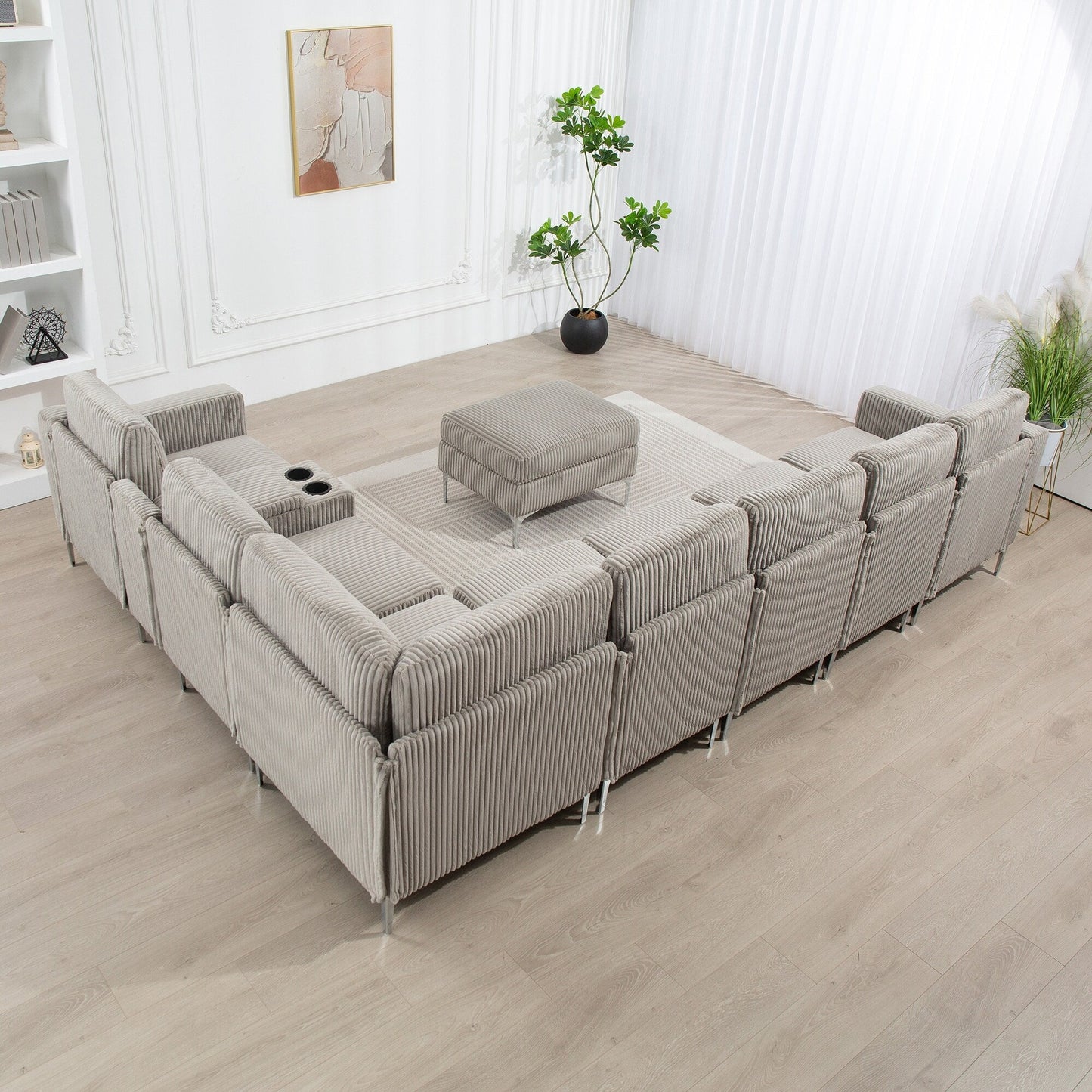 Modular Corduroy Sectional Sofa Convertible 6-Seat Couch with USB Ports, Storage Ottomans and Cup Holder for Living Room