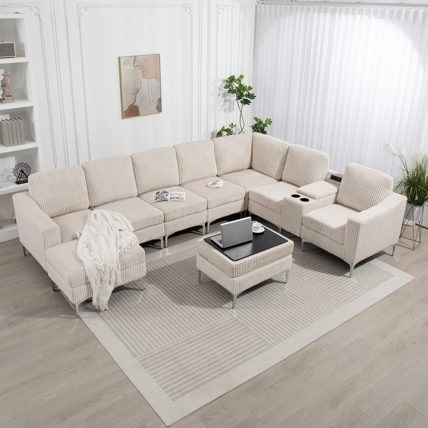 Modular Corduroy Sectional Sofa Convertible 6-Seat Couch with USB Ports, Storage Ottomans and Cup Holder for Living Room