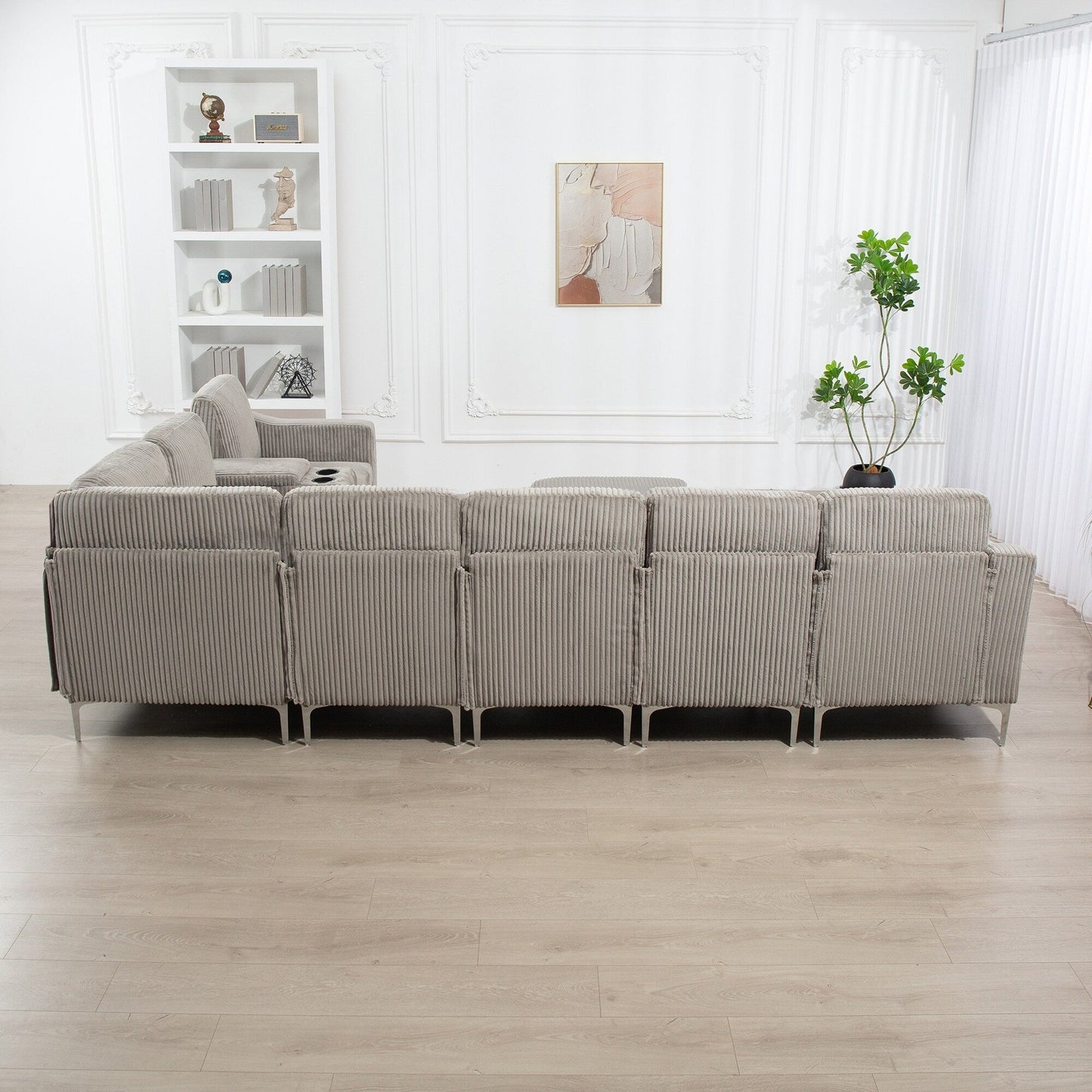 Modular Corduroy Sectional Sofa Convertible 6-Seat Couch with USB Ports, Storage Ottomans and Cup Holder for Living Room