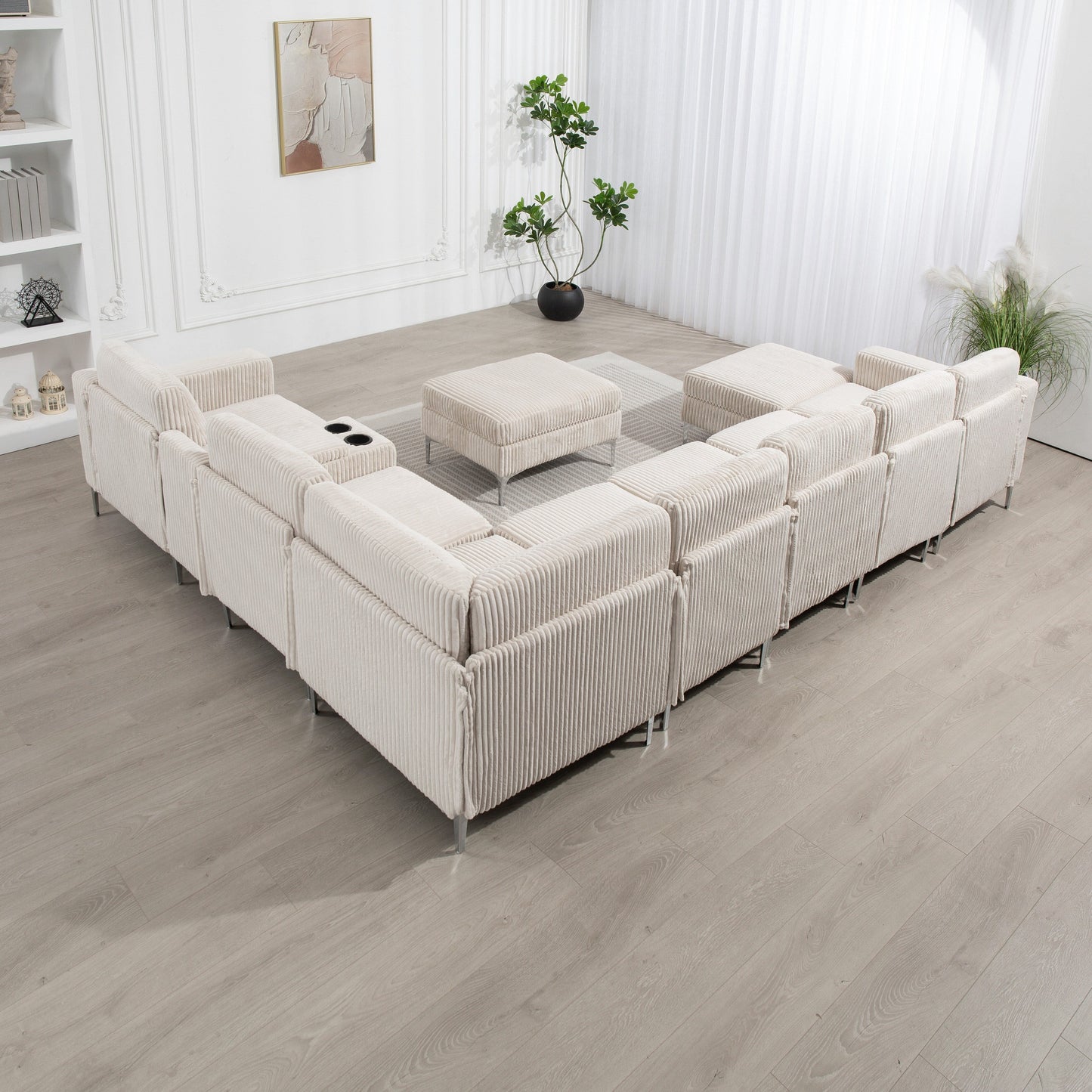 Modular Corduroy Sectional Sofa Convertible 6-Seat Couch with USB Ports, Storage Ottomans and Cup Holder for Living Room