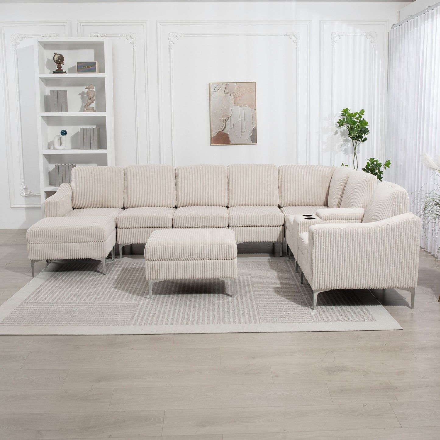 Modular Corduroy Sectional Sofa Convertible 6-Seat Couch with USB Ports, Storage Ottomans and Cup Holder for Living Room