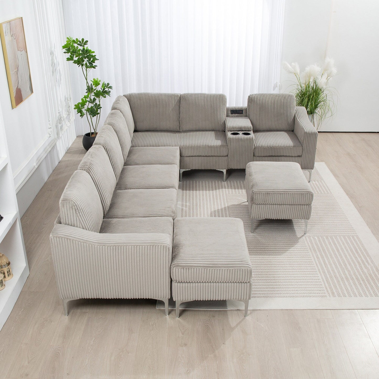 Modular Corduroy Sectional Sofa Convertible 6-Seat Couch with USB Ports, Storage Ottomans and Cup Holder for Living Room