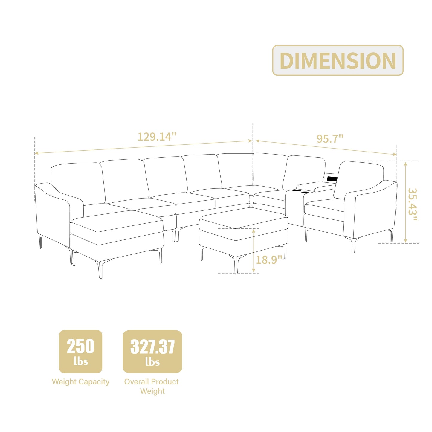 Modular Corduroy Sectional Sofa Convertible 6-Seat Couch with USB Ports, Storage Ottomans and Cup Holder for Living Room