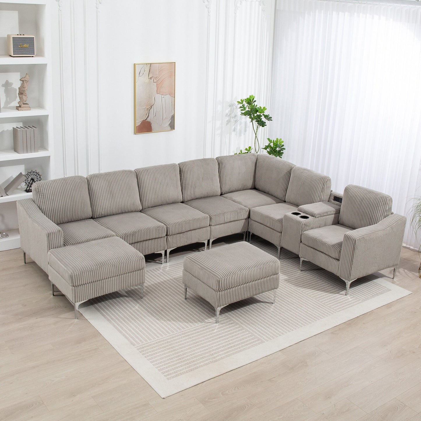 Modular Corduroy Sectional Sofa Convertible 6-Seat Couch with USB Ports, Storage Ottomans and Cup Holder for Living Room