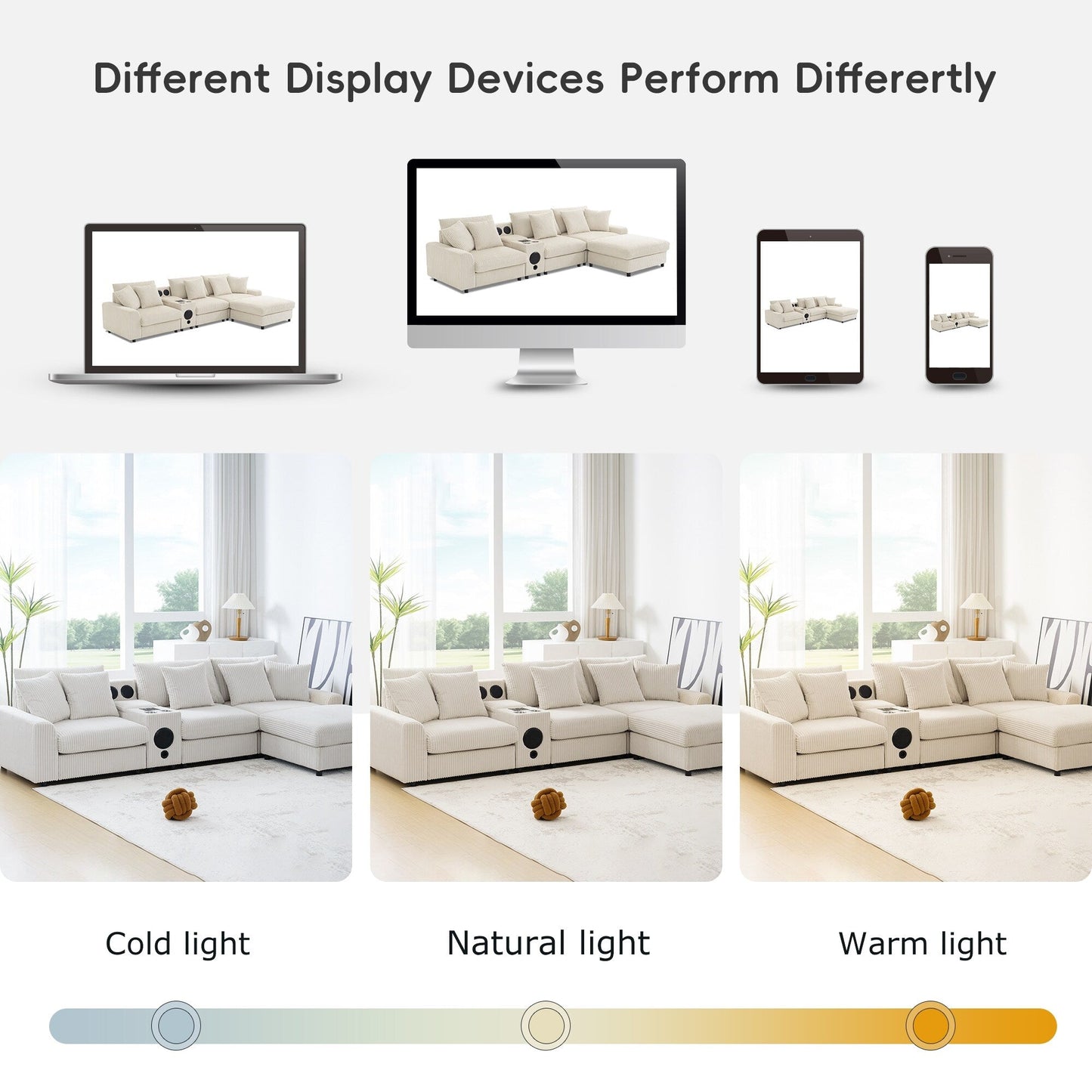 Modular Corduroy Sectional Sofa with Bluetooth Speakers, Charging Ports, Cup Holders, Storage and Ottoman for Living Room