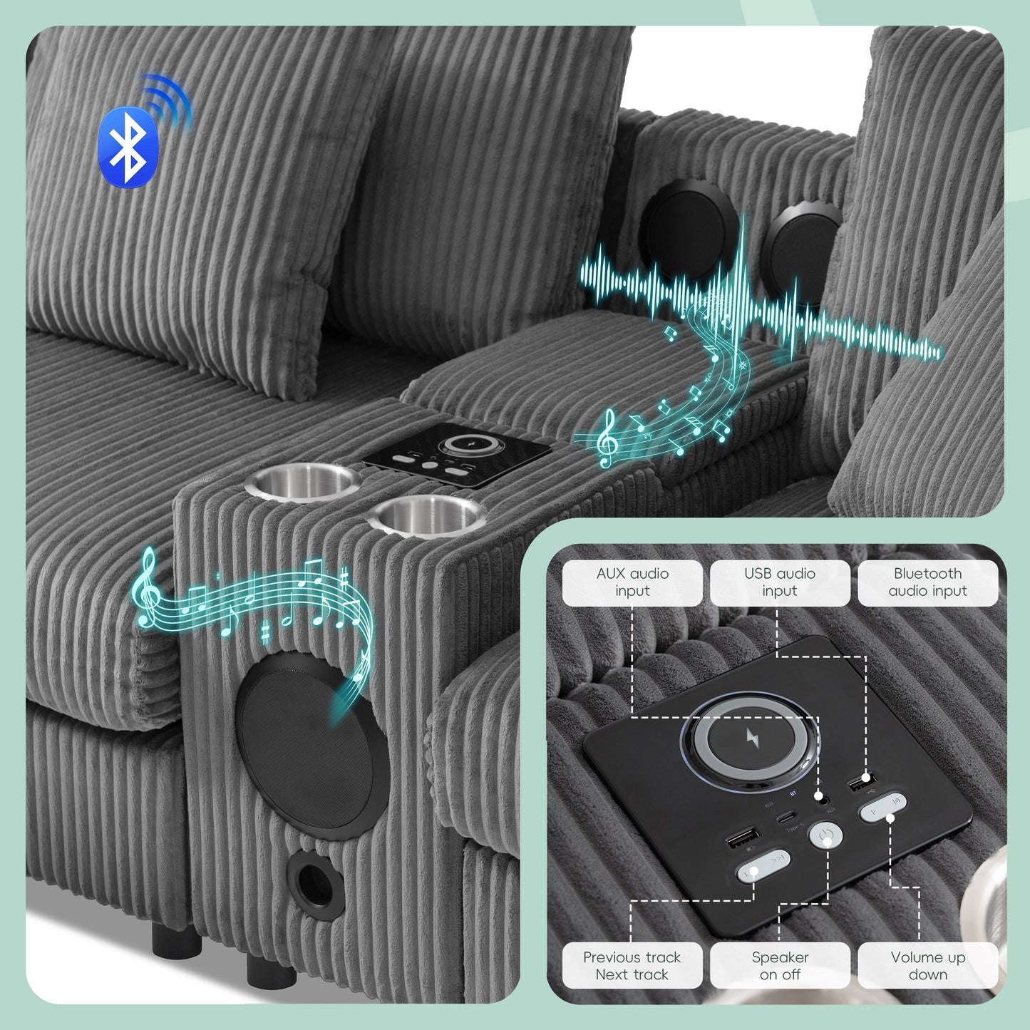 Modular Corduroy Sectional Sofa with Bluetooth Speakers, Charging Ports, Cup Holders, Storage and Ottoman for Living Room