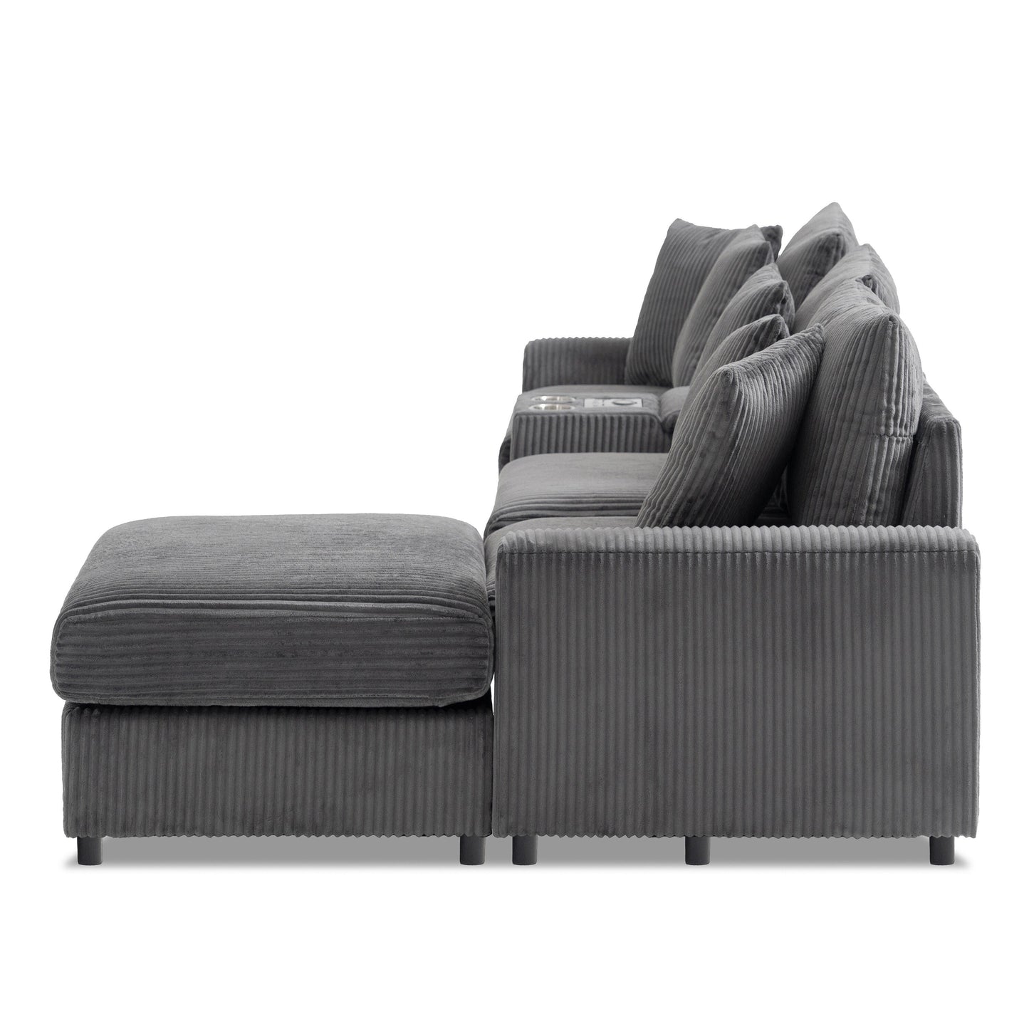 Modular Corduroy Sectional Sofa with Bluetooth Speakers, Charging Ports, Cup Holders, Storage and Ottoman for Living Room