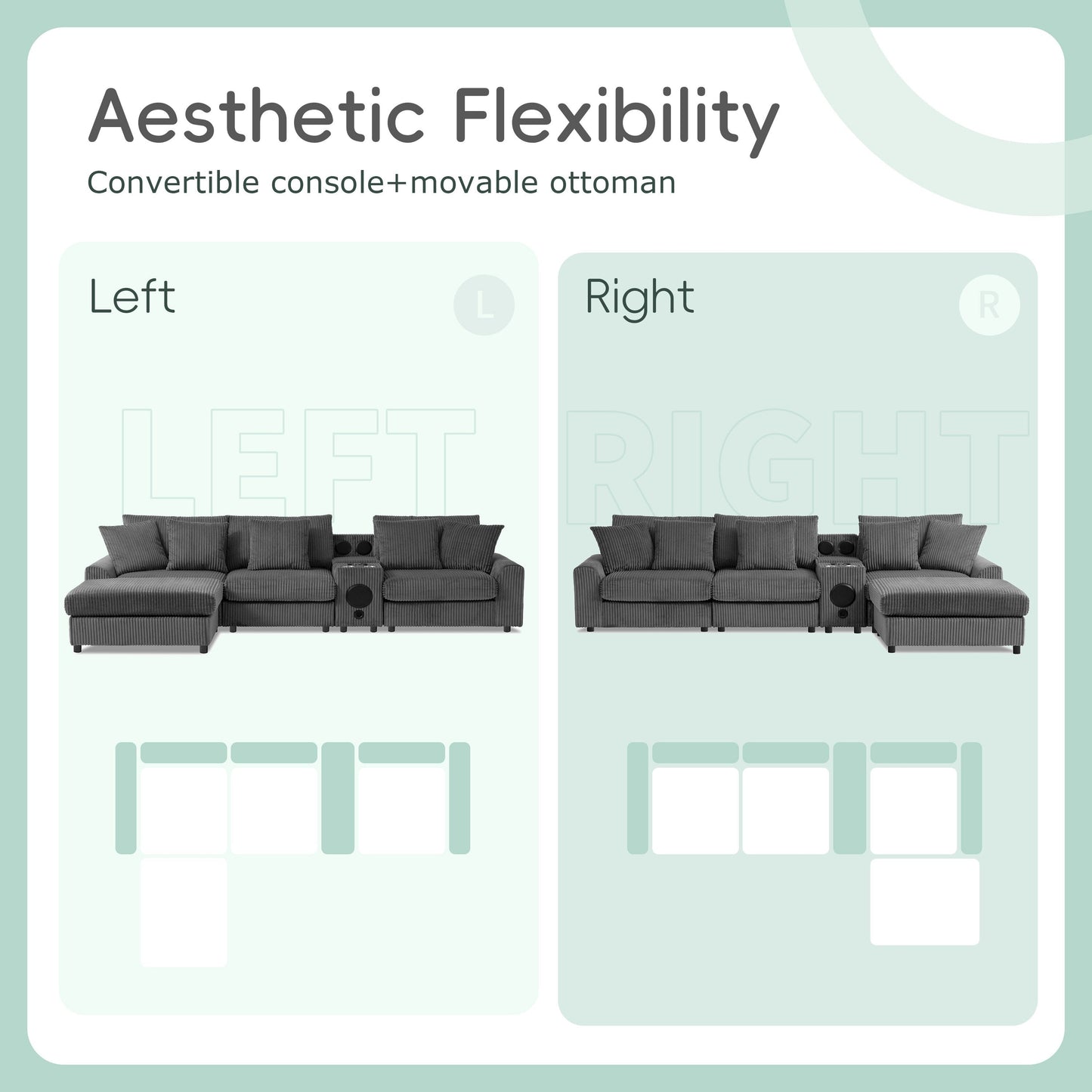 Modular Corduroy Sectional Sofa with Bluetooth Speakers, Charging Ports, Cup Holders, Storage and Ottoman for Living Room