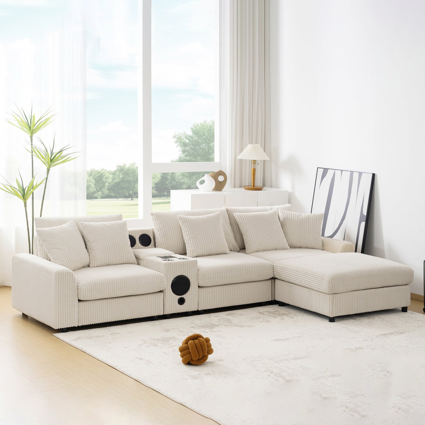 Modular Corduroy Sectional Sofa with Bluetooth Speakers, Charging Ports, Cup Holders, Storage and Ottoman for Living Room