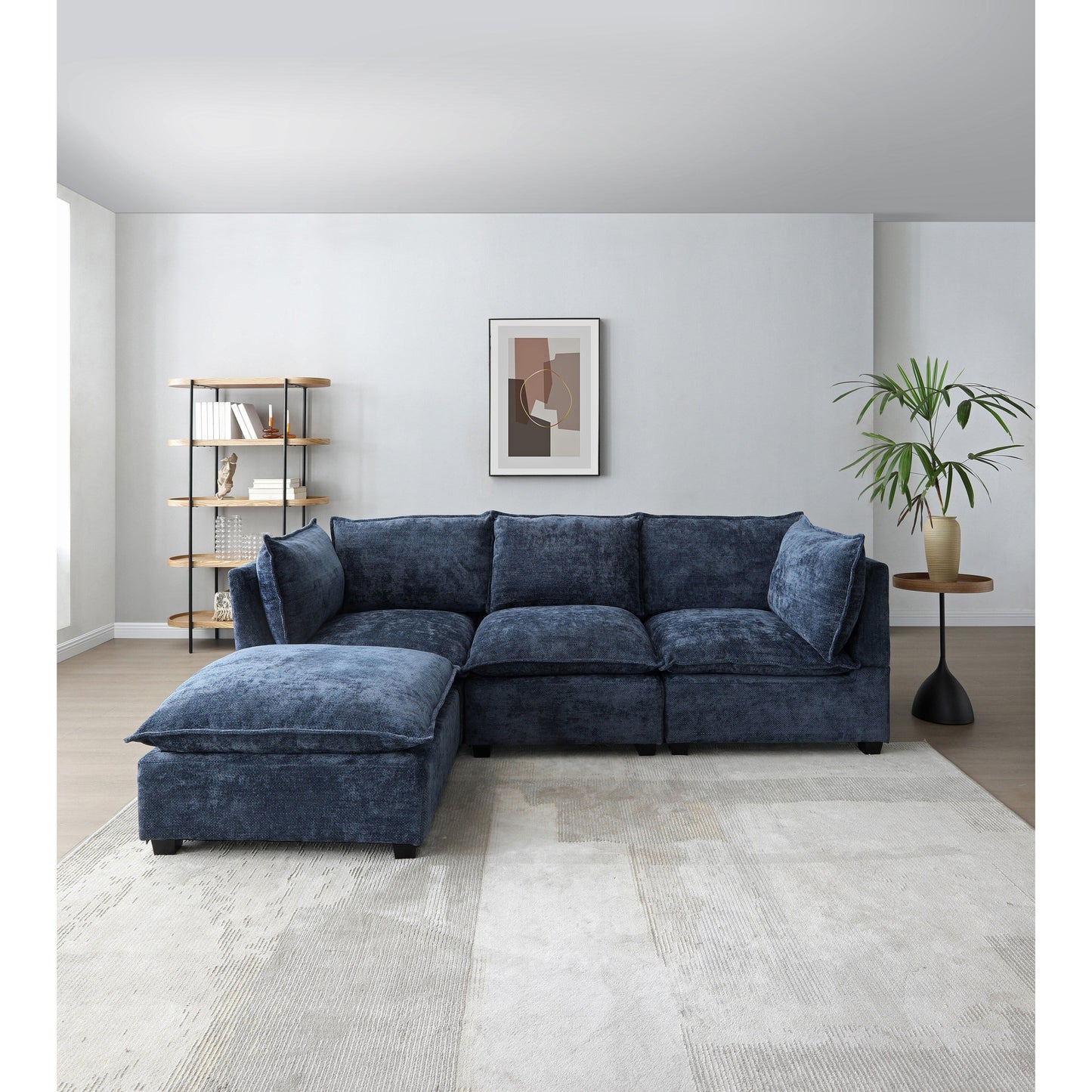 Modular L-Shape Linen Sectional Sofa with Reversible Ottoman, Soft Duck Down Cushions, Perfect for Living Room or Office