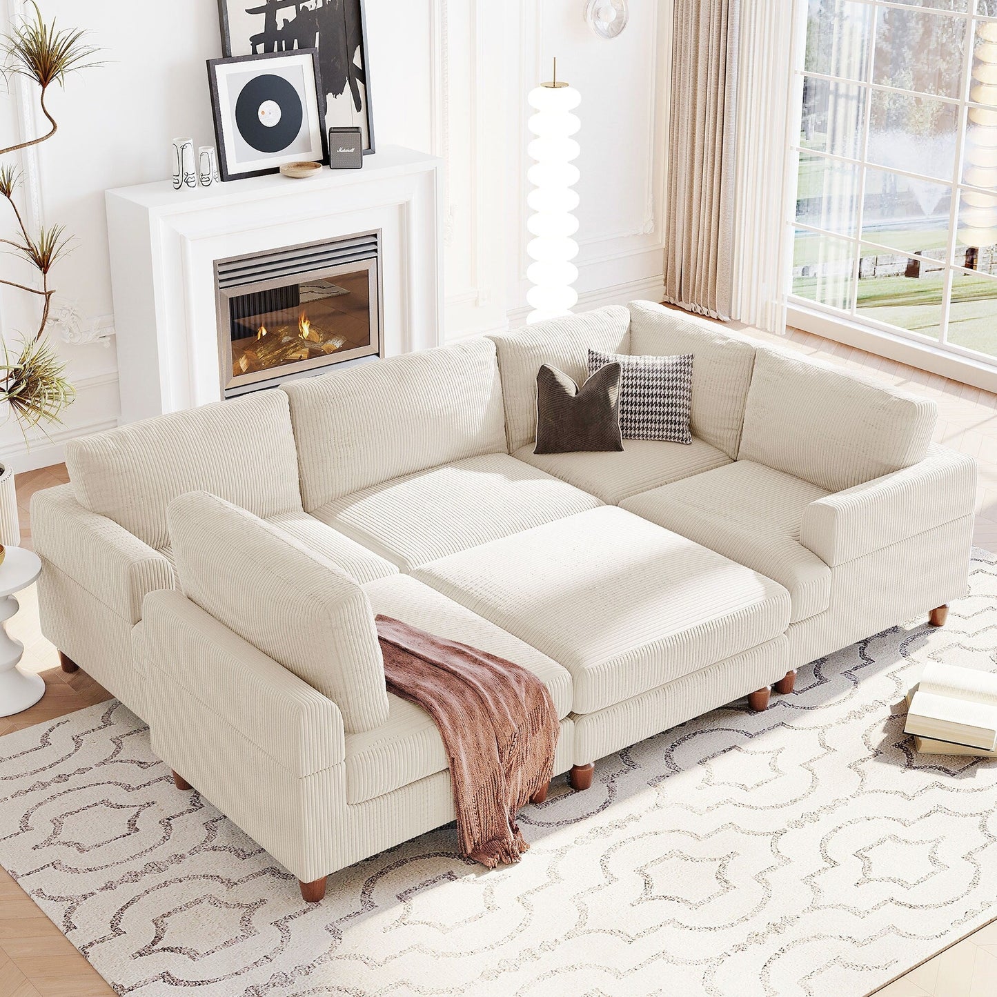 Modular L-Shaped Corduroy 6-Seater Sectional Sofa with Ottoman and Wooden Legs for Living Room Office