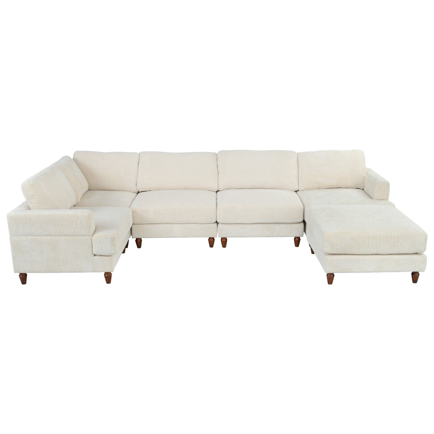 Modular L-Shaped Corduroy 6-Seater Sectional Sofa with Ottoman and Wooden Legs for Living Room Office