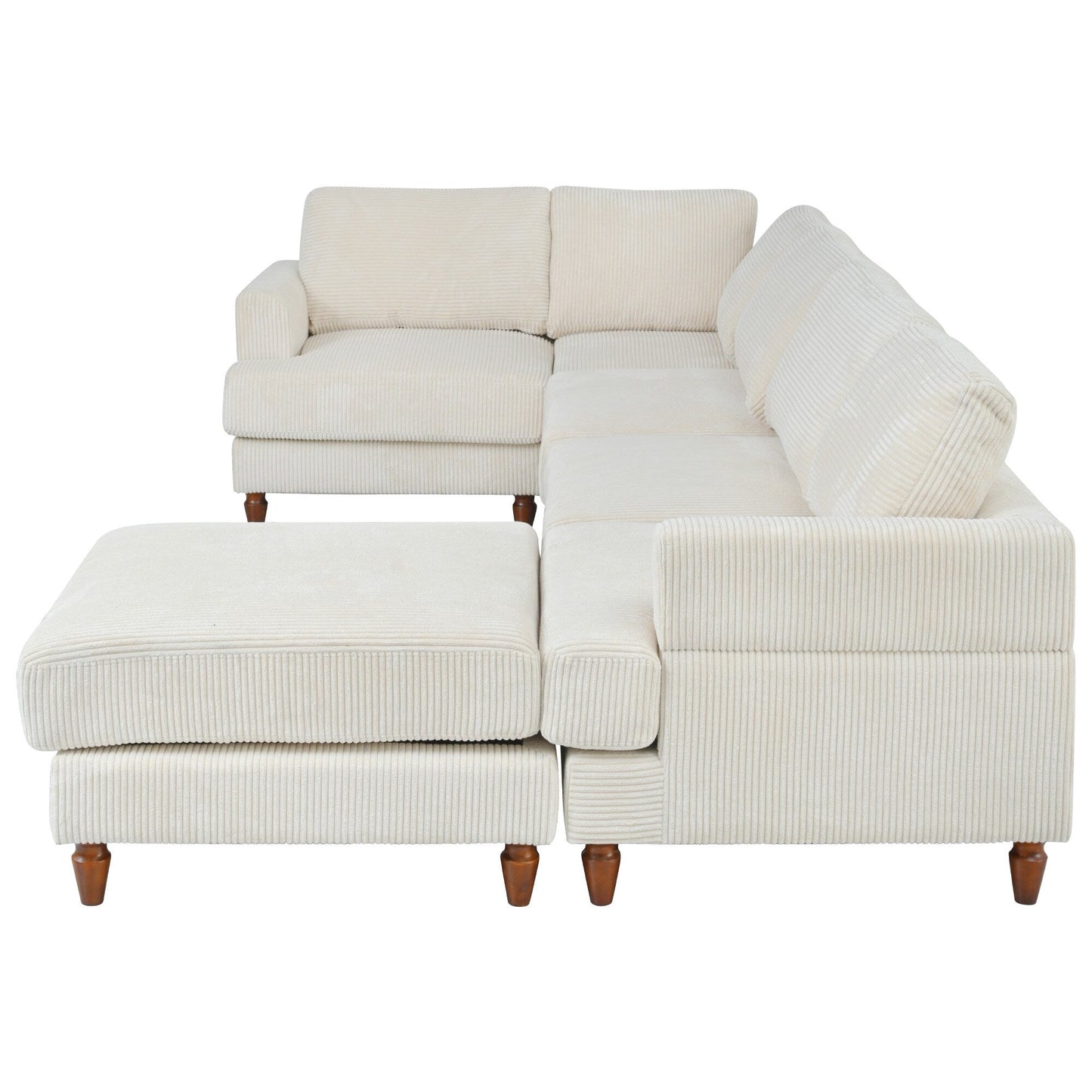 Modular L-Shaped Corduroy 6-Seater Sectional Sofa with Ottoman and Wooden Legs for Living Room Office
