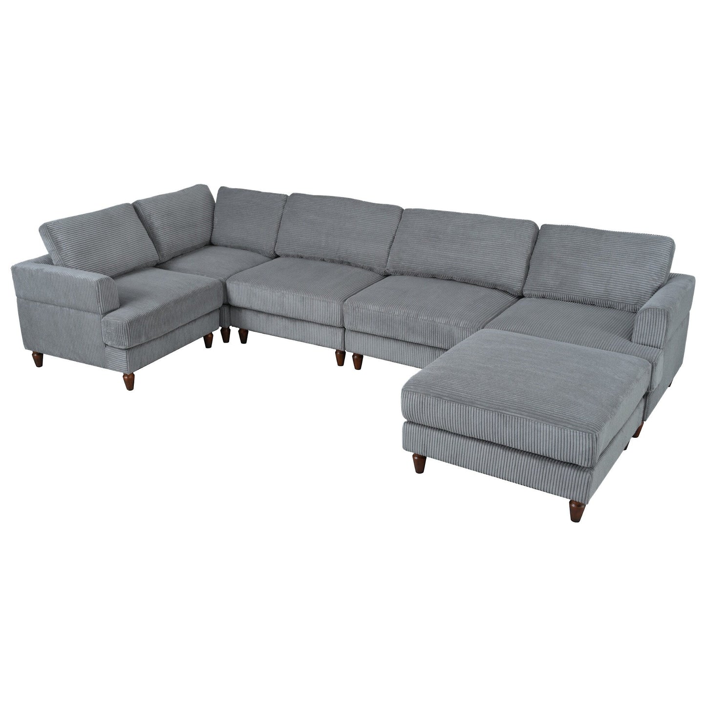 Modular L-Shaped Corduroy 6-Seater Sectional Sofa with Ottoman and Wooden Legs for Living Room Office