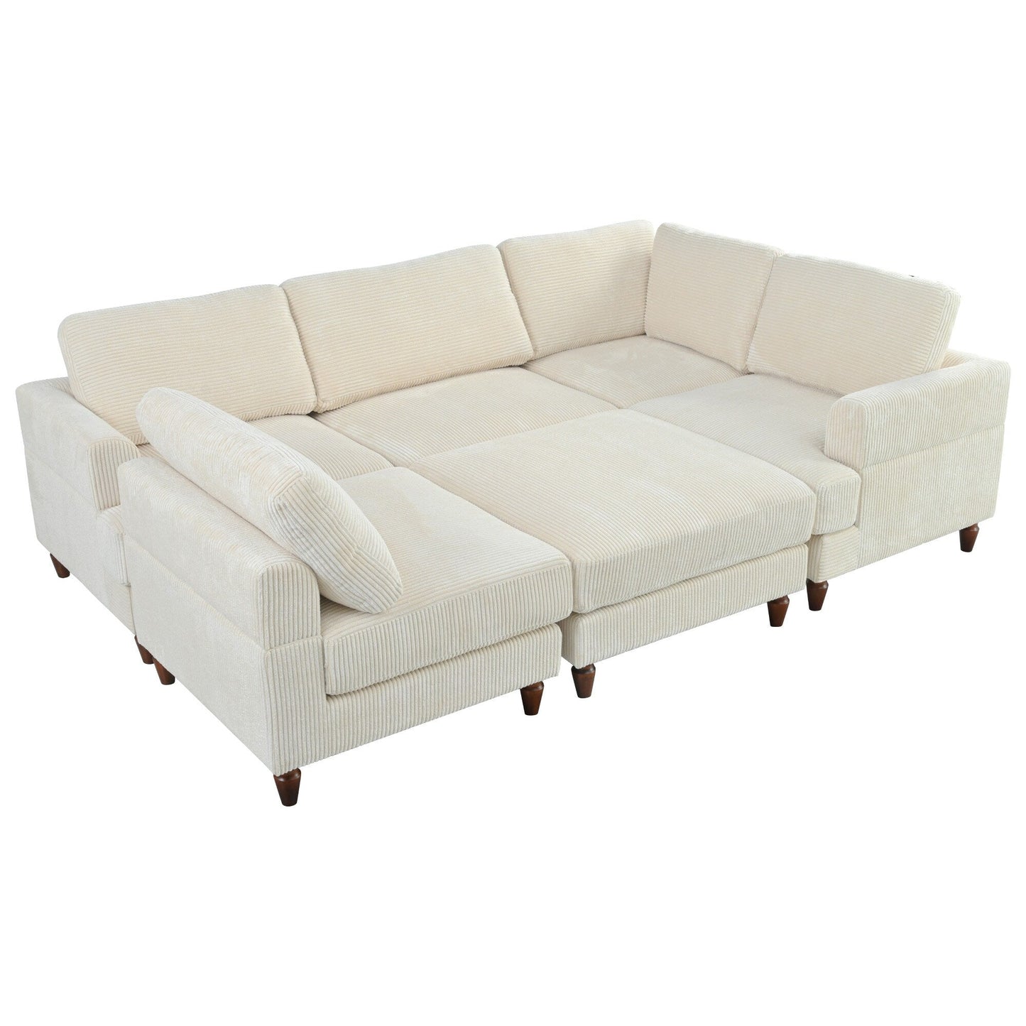 Modular L-Shaped Corduroy 6-Seater Sectional Sofa with Ottoman and Wooden Legs for Living Room Office