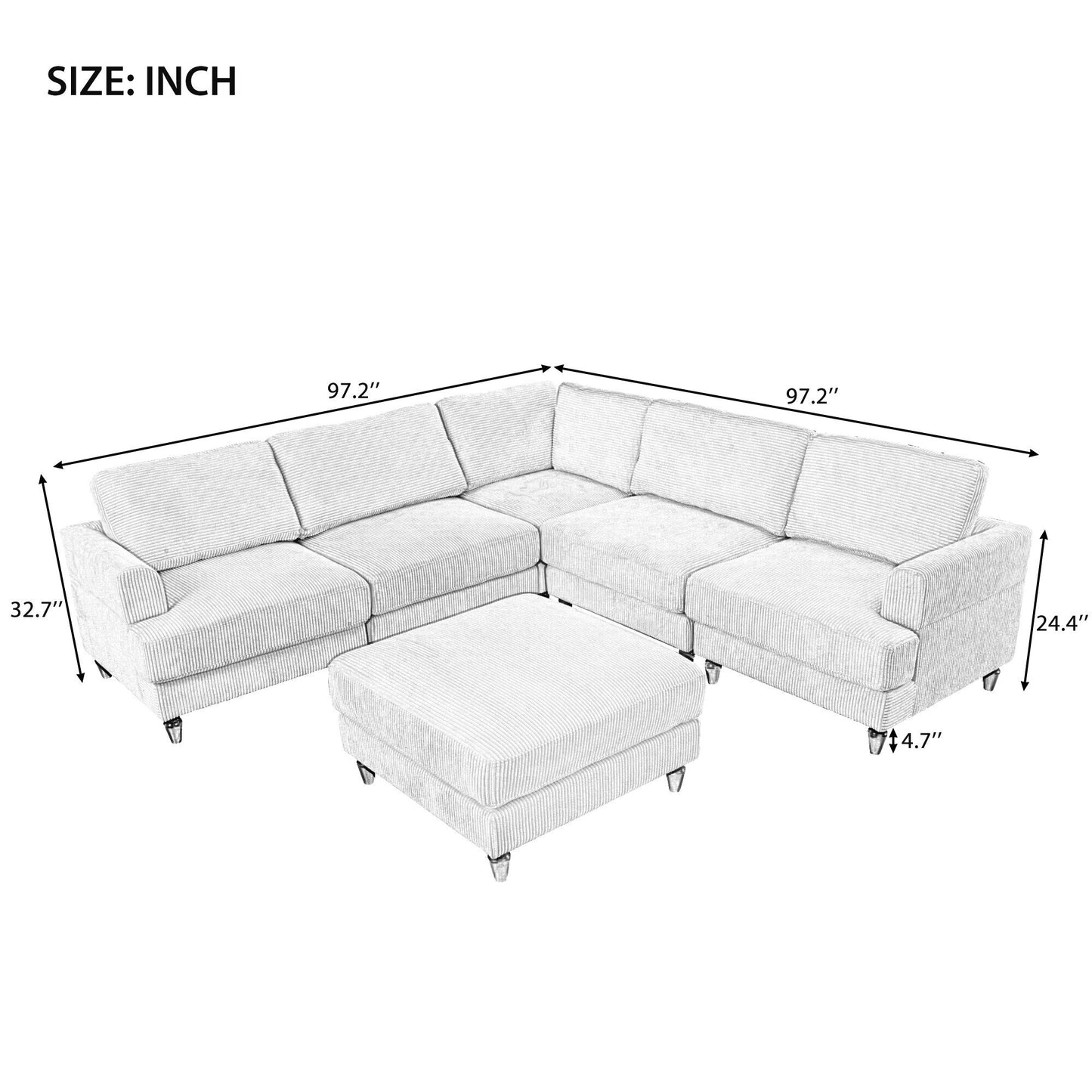 Modular L-Shaped Corduroy 6-Seater Sectional Sofa with Ottoman and Wooden Legs for Living Room Office