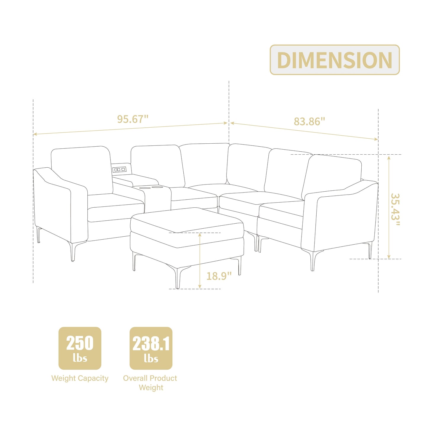 Modular L-Shaped Corduroy Sectional Sofa with USB Ports, Storage Ottoman and Cup Holders for Living Room Apartment
