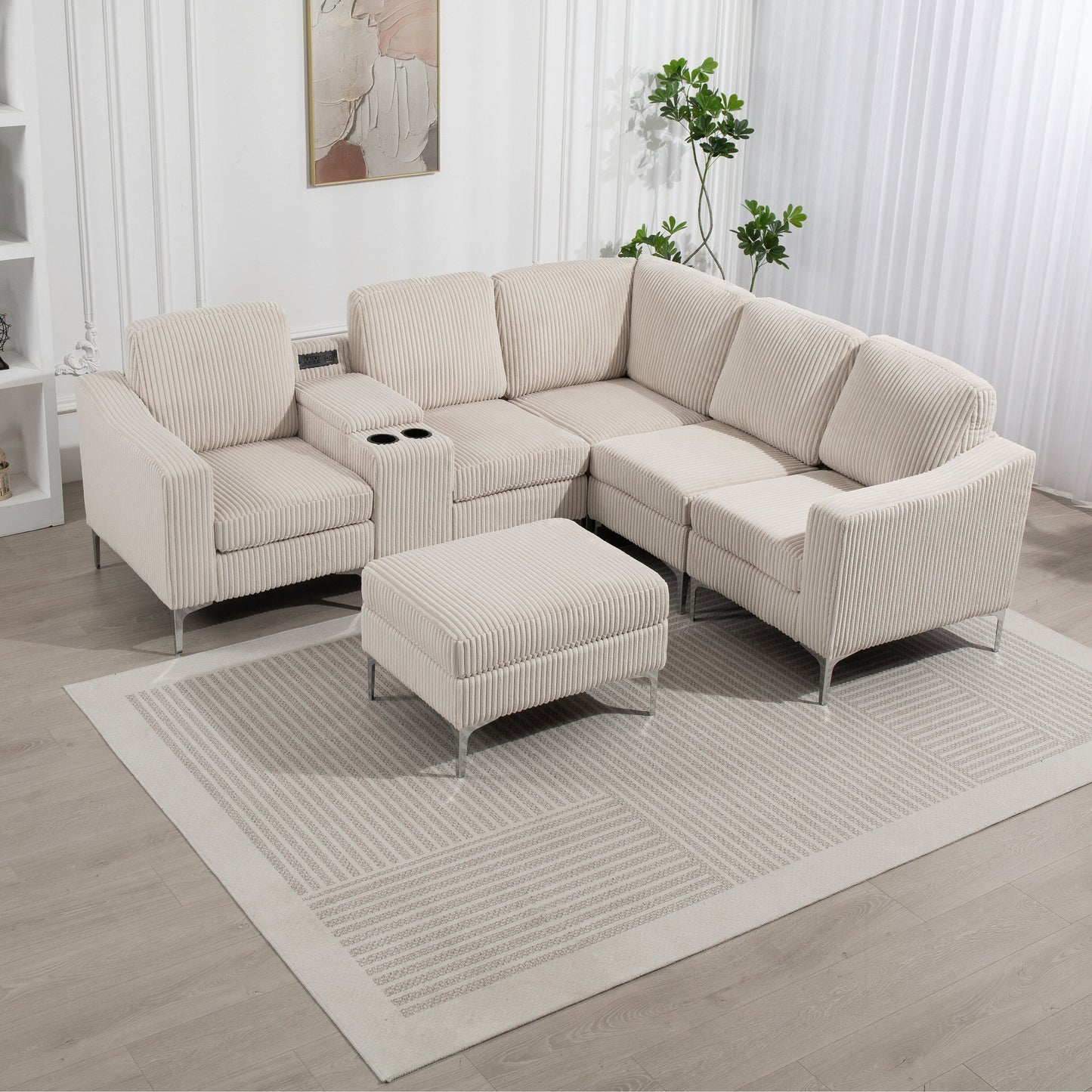 Modular L-Shaped Corduroy Sectional Sofa with USB Ports, Storage Ottoman and Cup Holders for Living Room Apartment