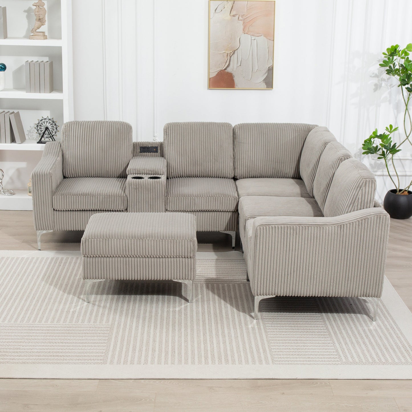 Modular L-Shaped Corduroy Sectional Sofa with USB Ports, Storage Ottoman and Cup Holders for Living Room Apartment