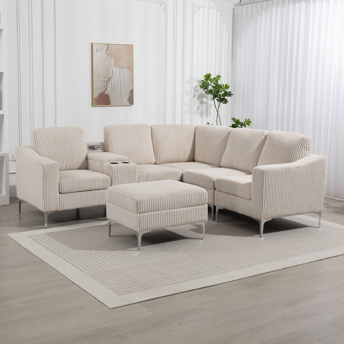 Modular L-Shaped Corduroy Sectional Sofa with USB Ports, Storage Ottoman and Cup Holders for Living Room Apartment