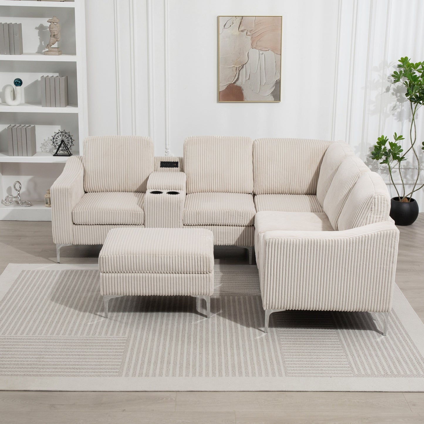 Modular L-Shaped Corduroy Sectional Sofa with USB Ports, Storage Ottoman and Cup Holders for Living Room Apartment