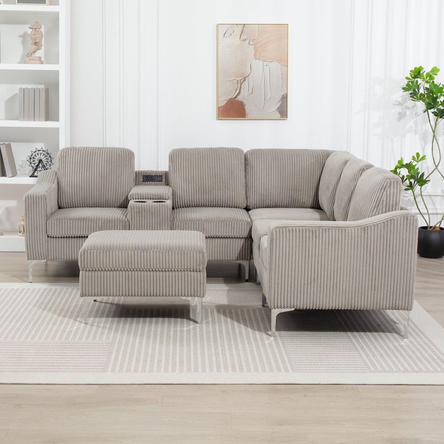 Modular L-Shaped Corduroy Sectional Sofa with USB Ports, Storage Ottoman and Cup Holders for Living Room Apartment
