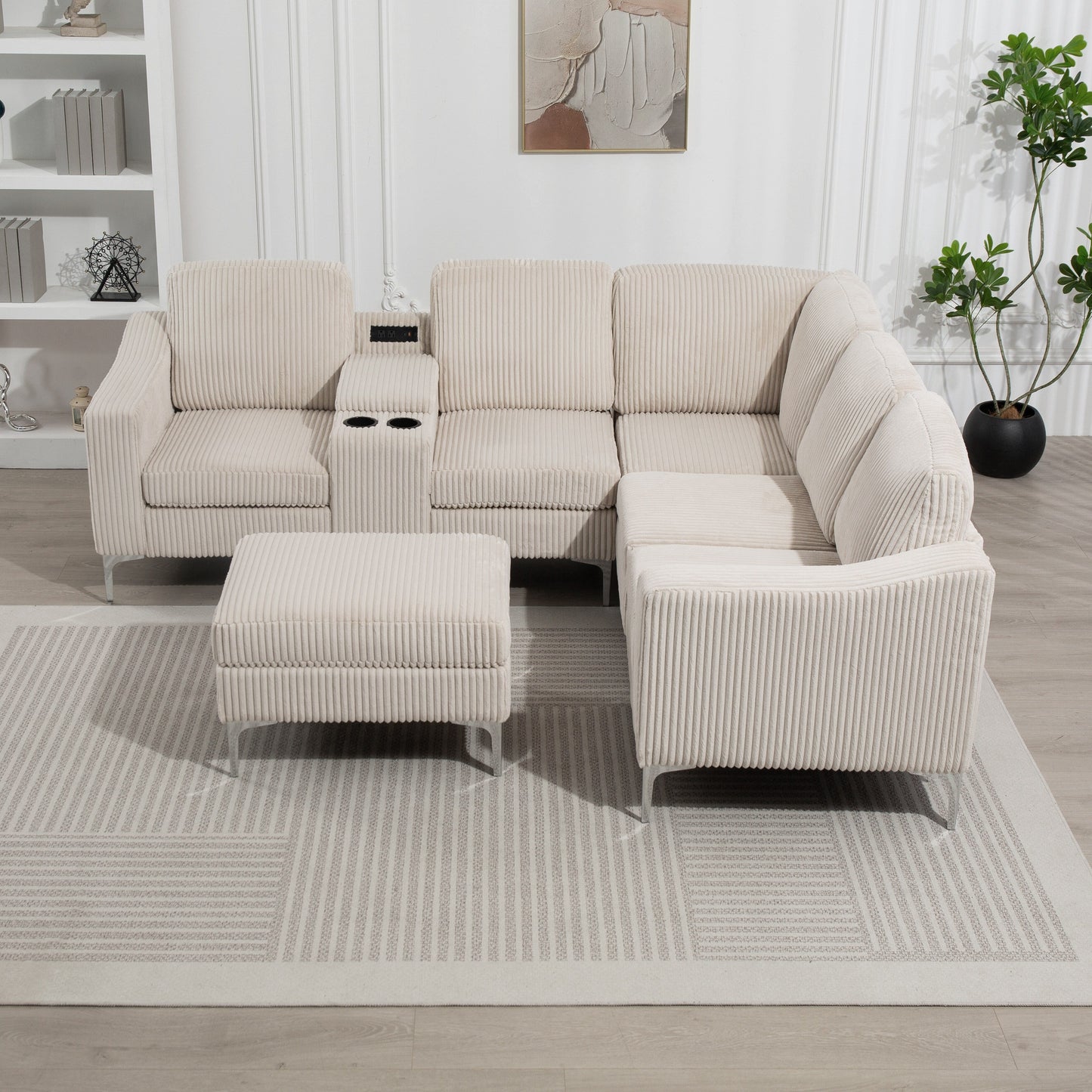 Modular L-Shaped Corduroy Sectional Sofa with USB Ports, Storage Ottoman and Cup Holders for Living Room Apartment