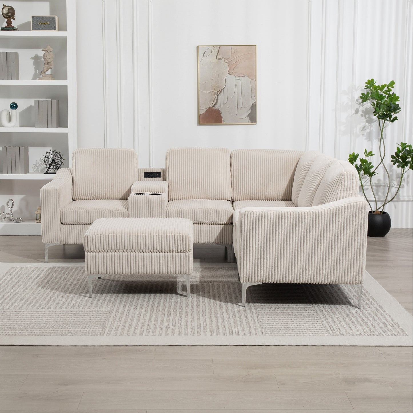 Modular L-Shaped Corduroy Sectional Sofa with USB Ports, Storage Ottoman and Cup Holders for Living Room Apartment