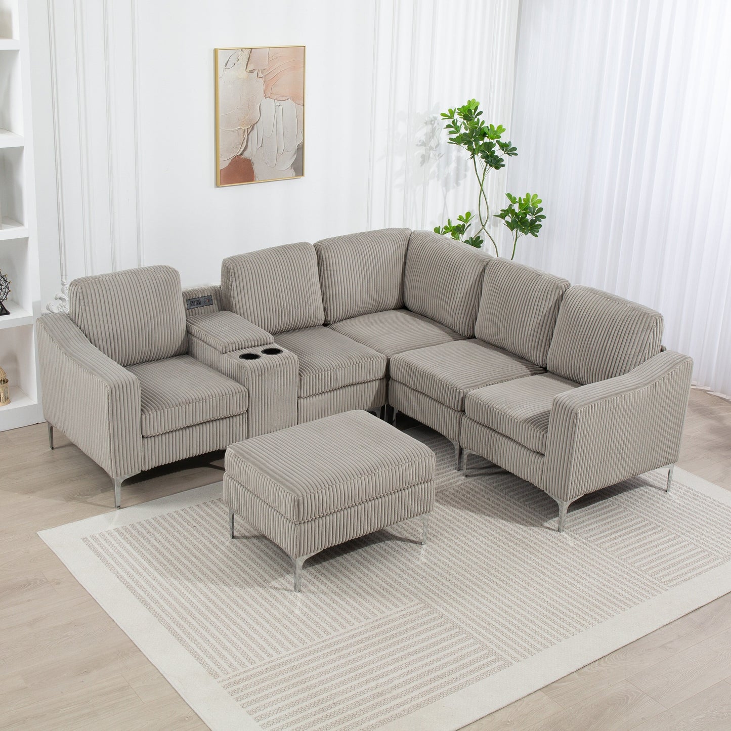 Modular L-Shaped Corduroy Sectional Sofa with USB Ports, Storage Ottoman and Cup Holders for Living Room Apartment