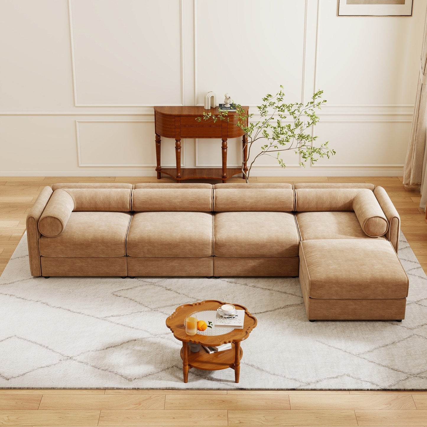Modular Sectional Sofa with Storage, Cylindrical Backrest and Armrests Deep Comfortable Seating, 4 Seat L- Shaped Sofa