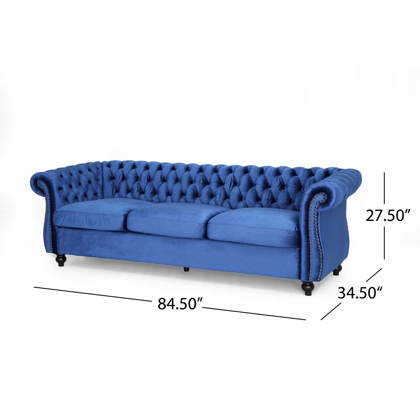 Navy Blue Chesterfield 84.75 Button Tufted Upholstered 3-seater Sofa with Nailheads and Wood Legs for Living Room