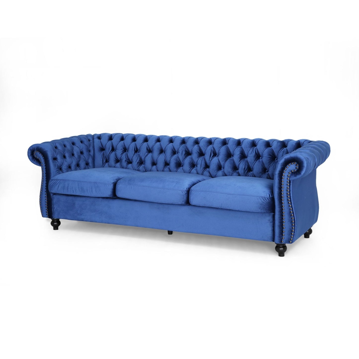 Navy Blue Chesterfield 84.75 Button Tufted Upholstered 3-seater Sofa with Nailheads and Wood Legs for Living Room