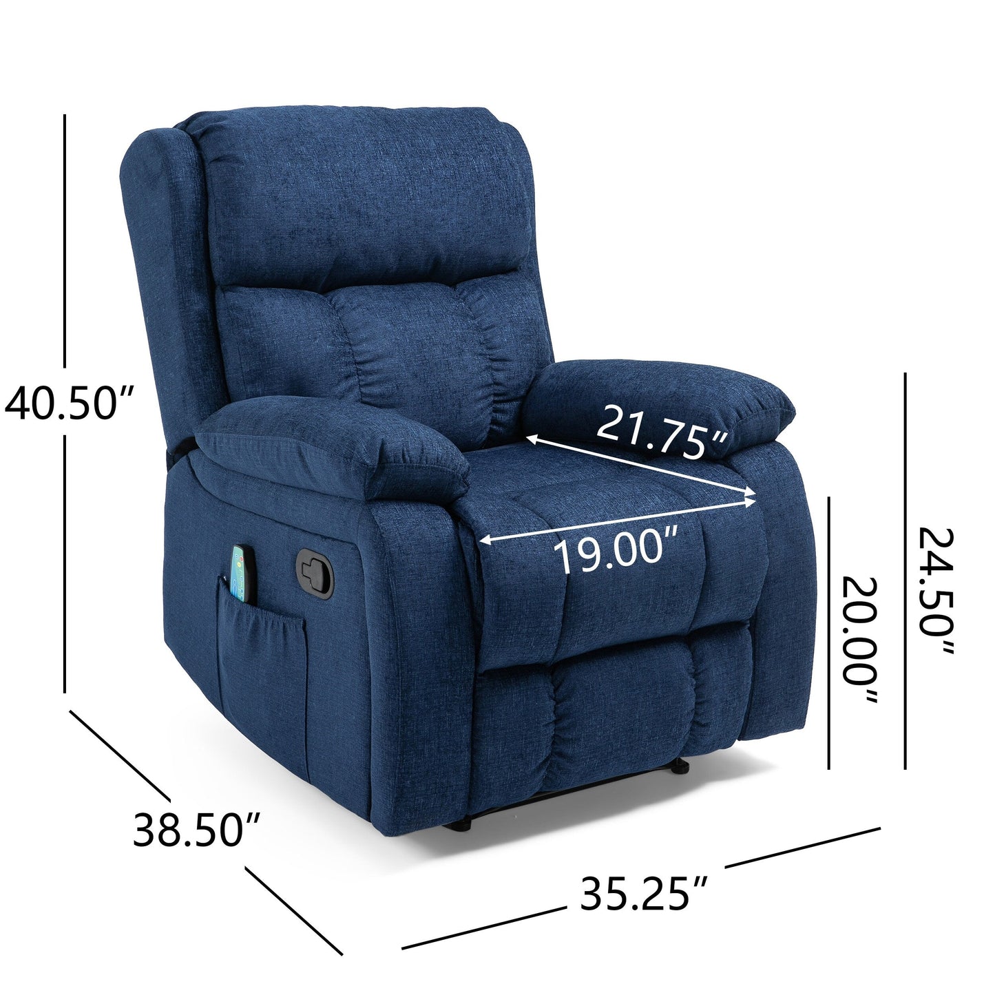 Navy Blue Fabric Massage Manual Recliner with Massage, Lumbar Heating, Side Pockets