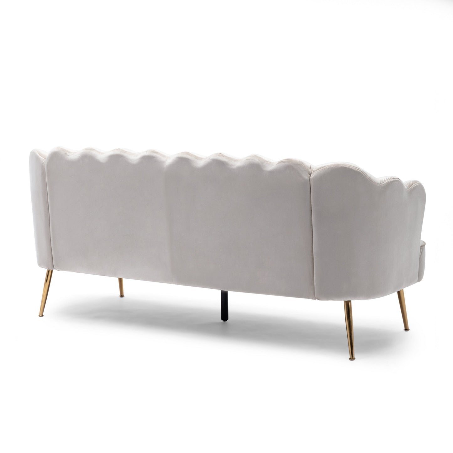 Nika Sofa, 3 Seater, Channel Stitching, 76 Inch, Beige Velvet, Gold