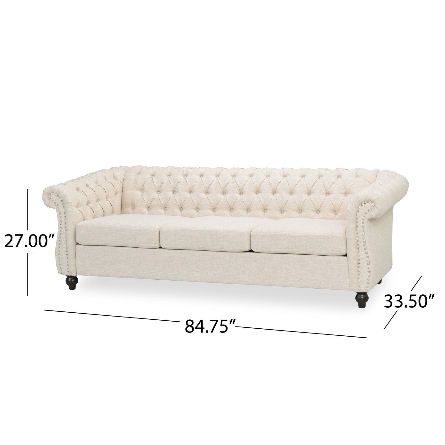 Nisy 3 Seater Sofa, Chesterfield Beige Fabric Tufted Back, 85 Inch