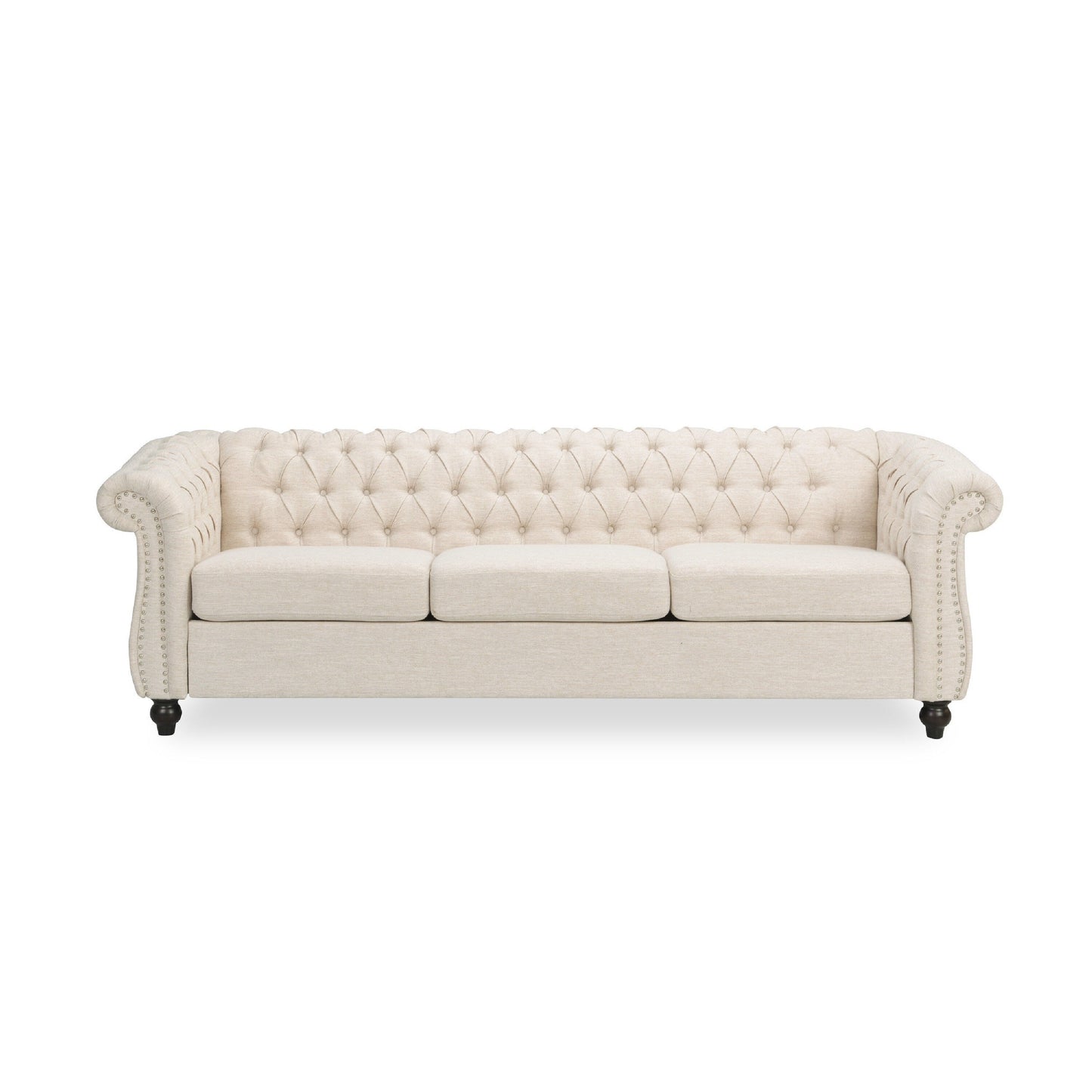 Nisy 3 Seater Sofa, Chesterfield Beige Fabric Tufted Back, 85 Inch