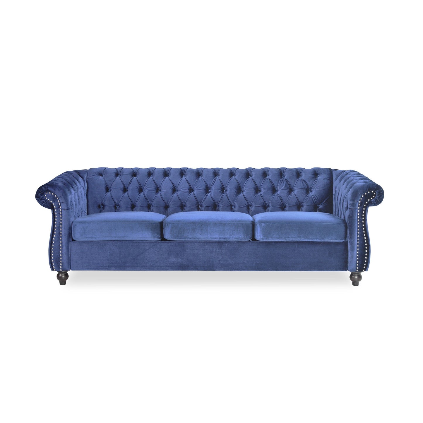 Nisy 3 Seater Sofa, Chesterfield Dark Blue Velvet Tufted Back, 85 Inch