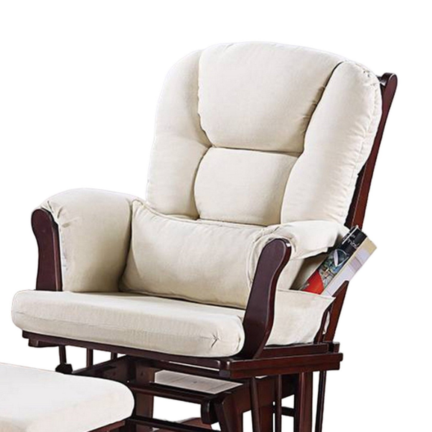 Noni Glider Manual Recliner Chair w Ottoman, Brown Wood, Square Beige