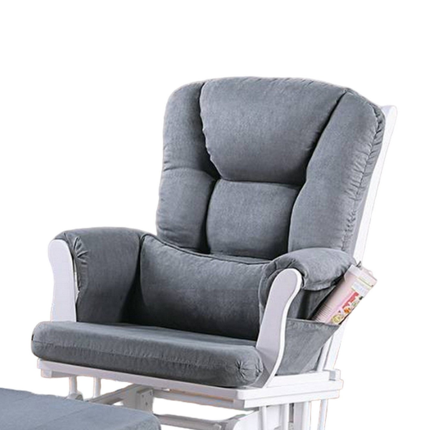 Noni Glider Manual Recliner Chair w Square Ottoman, White Wood, Gray