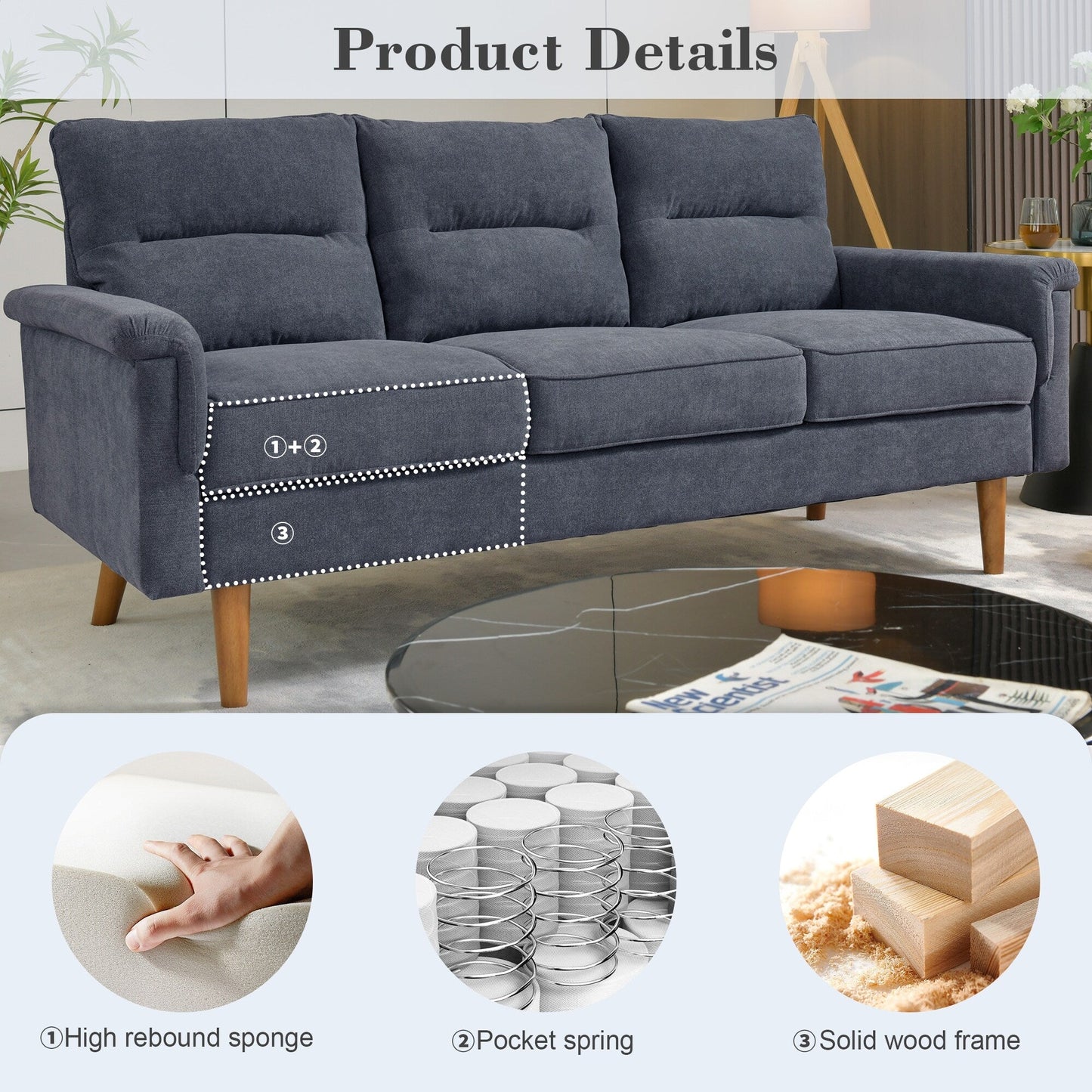 OVIOS Fluffy Cushion Wood Leg Indoor Sofa
