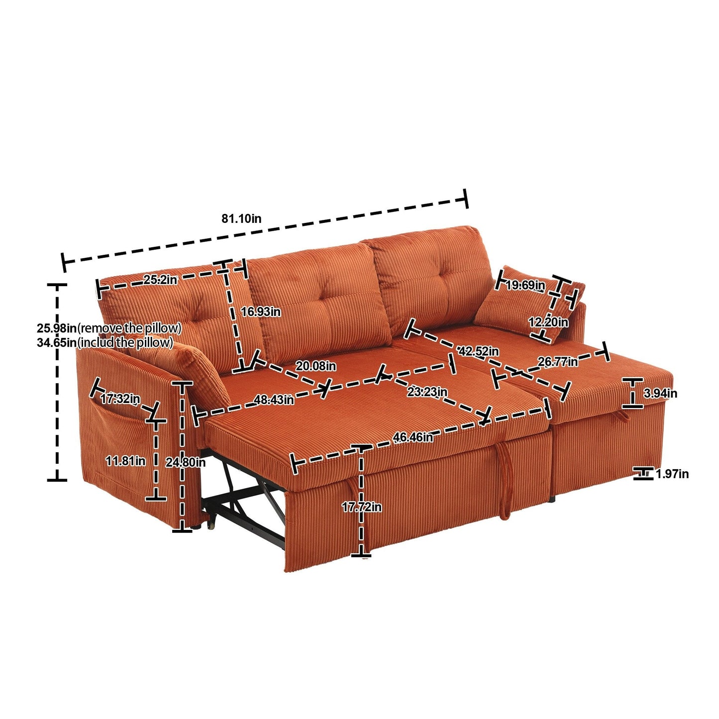 Orange 81.1'' Corduroy L-Shaped 3-Seater Sofa with Reversible Chaise and Storage Seats