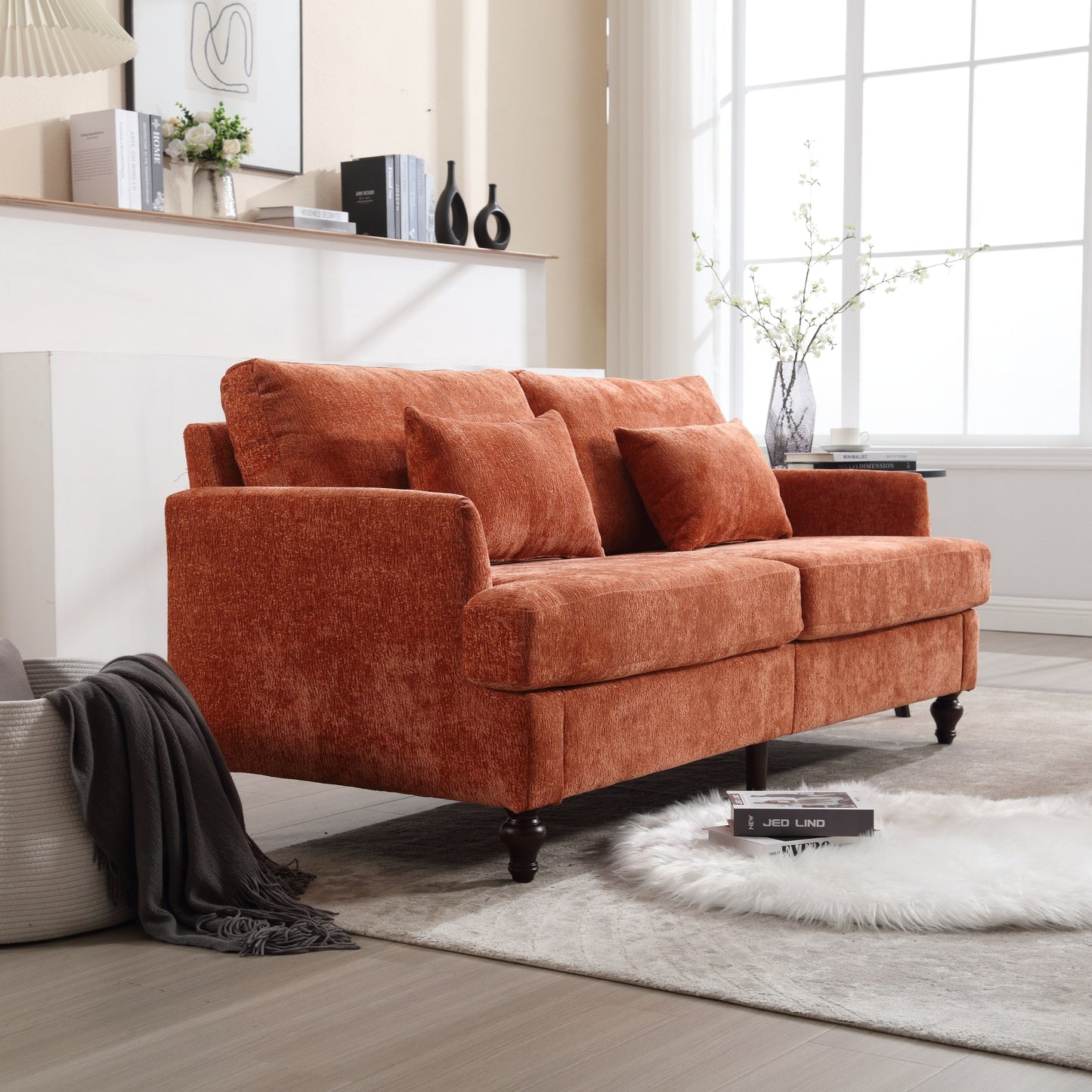 Orange Modern Chenille 68.9'' 2-Seater Sofa: Detachable Cushions, Solid Wood Frame, and Brown Wooden Legs