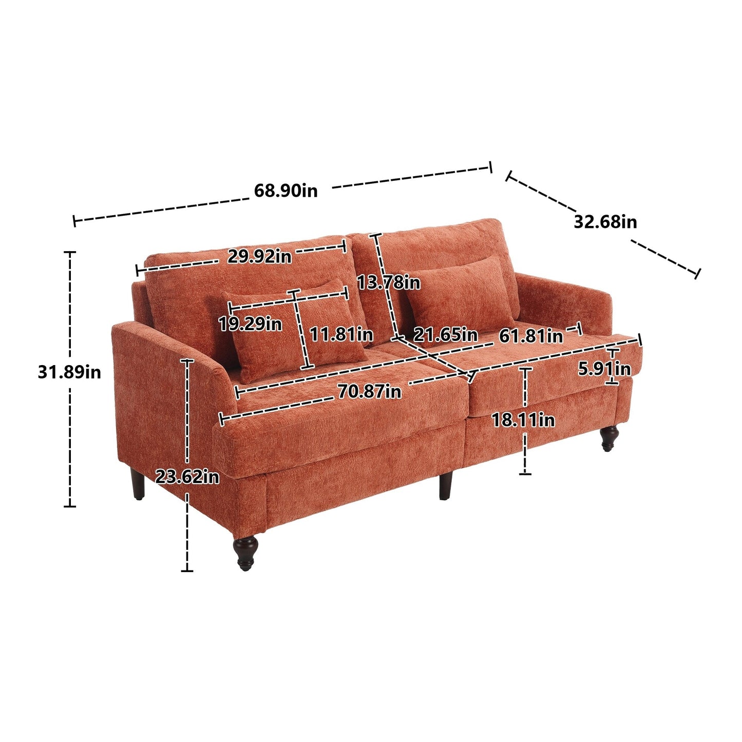 Orange Modern Chenille 68.9'' 2-Seater Sofa: Detachable Cushions, Solid Wood Frame, and Brown Wooden Legs
