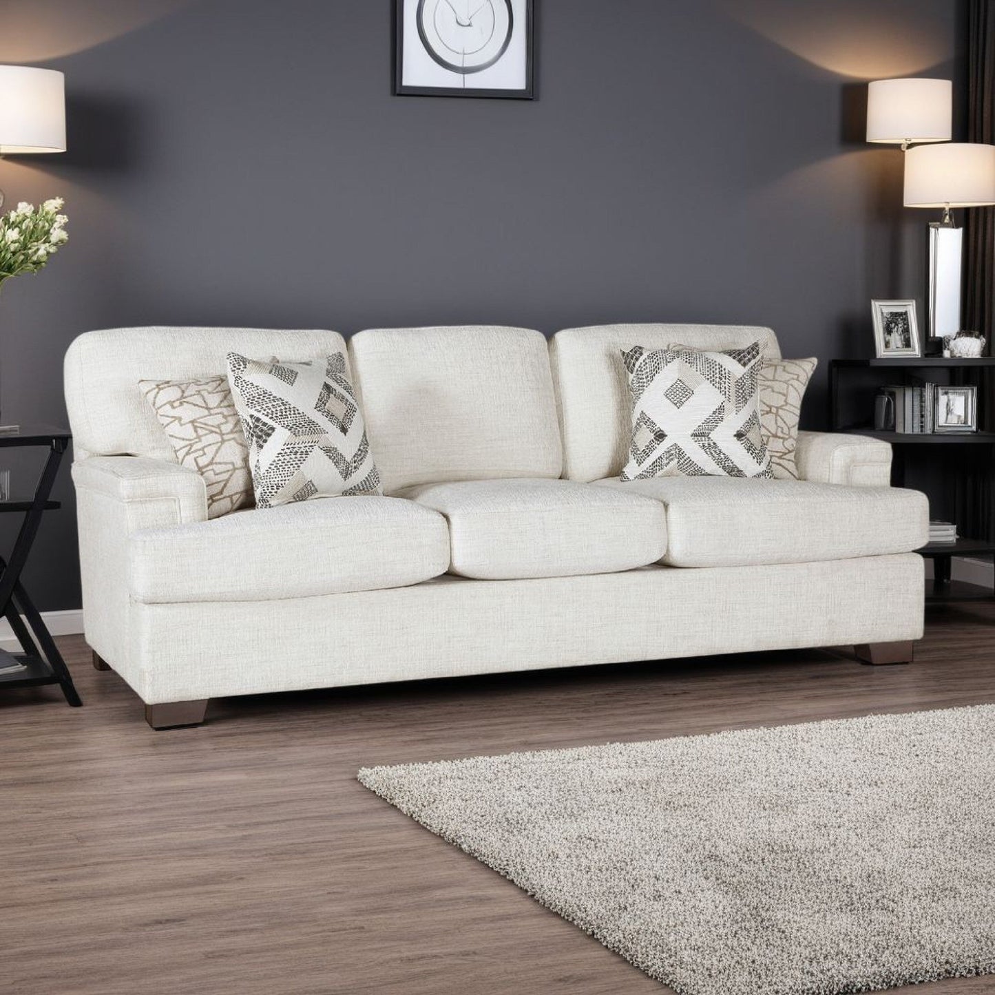 Osy Sofa with 4 Accent Pillows, 91 Inch, Soft Ivory Chenille