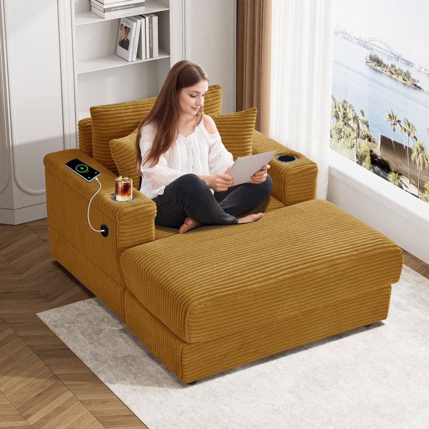 Ouyessir Upholstered Deep Seat Single Sofa with Ottoman for Living Room