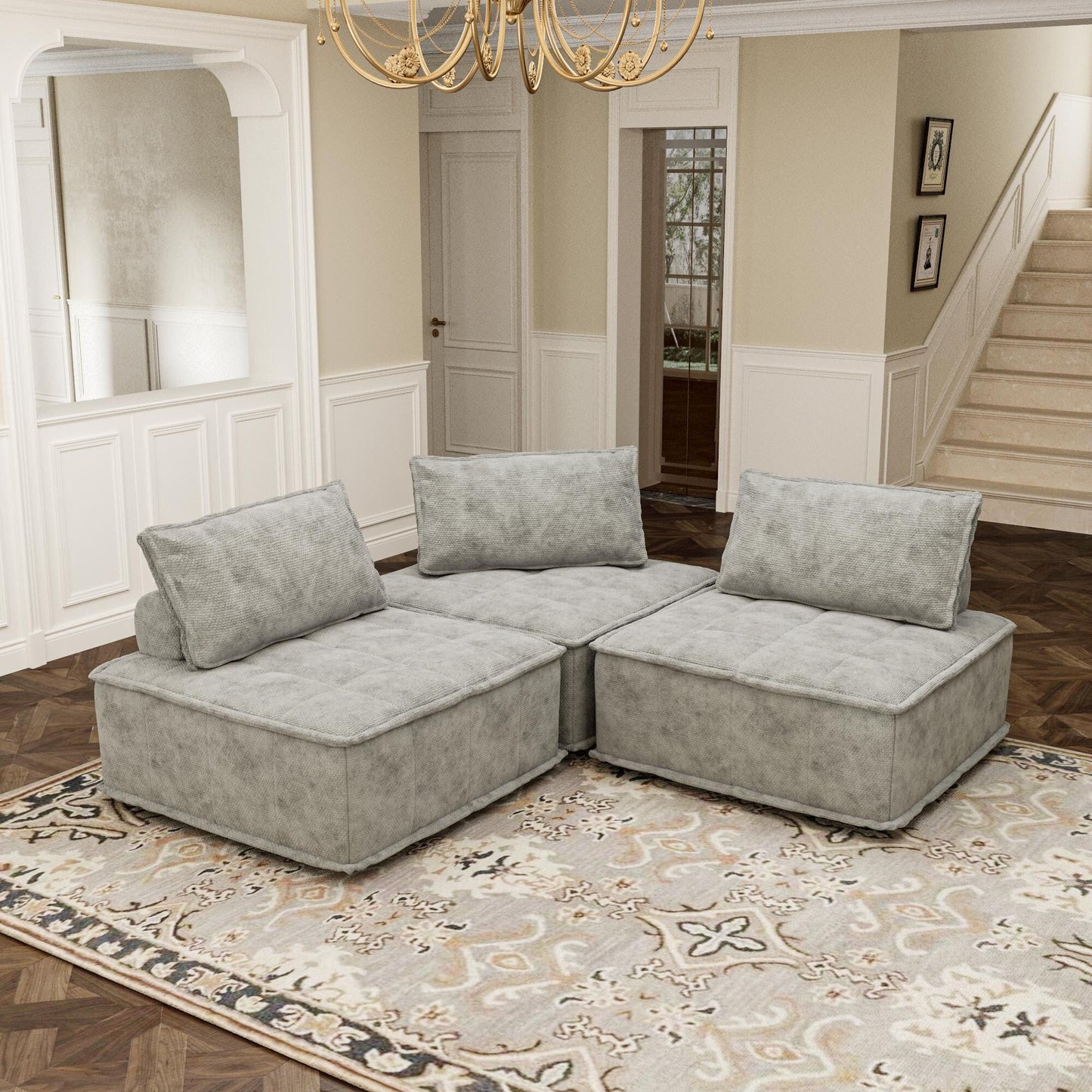 Oversized 3-piece Chenille Modular Square Sofa Set with High-Density Foam Cushions, Free Combination