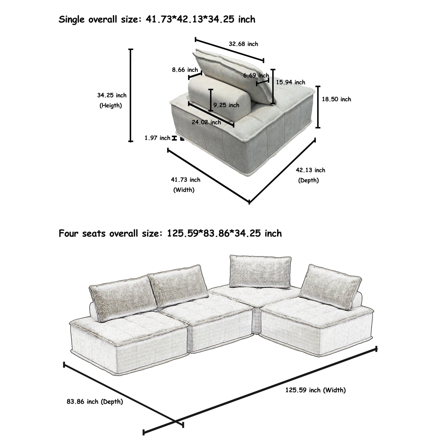 Oversized 4-piece Chenille Modular Square Sofa Set with High-Density Foam Cushions, Free Combination