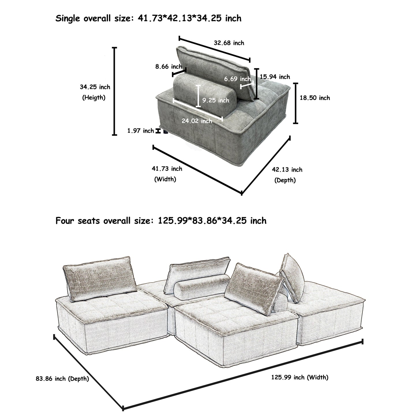 Oversized 4-piece Chenille Modular Square Sofa Set with High-Density Foam Cushions, Free Combination