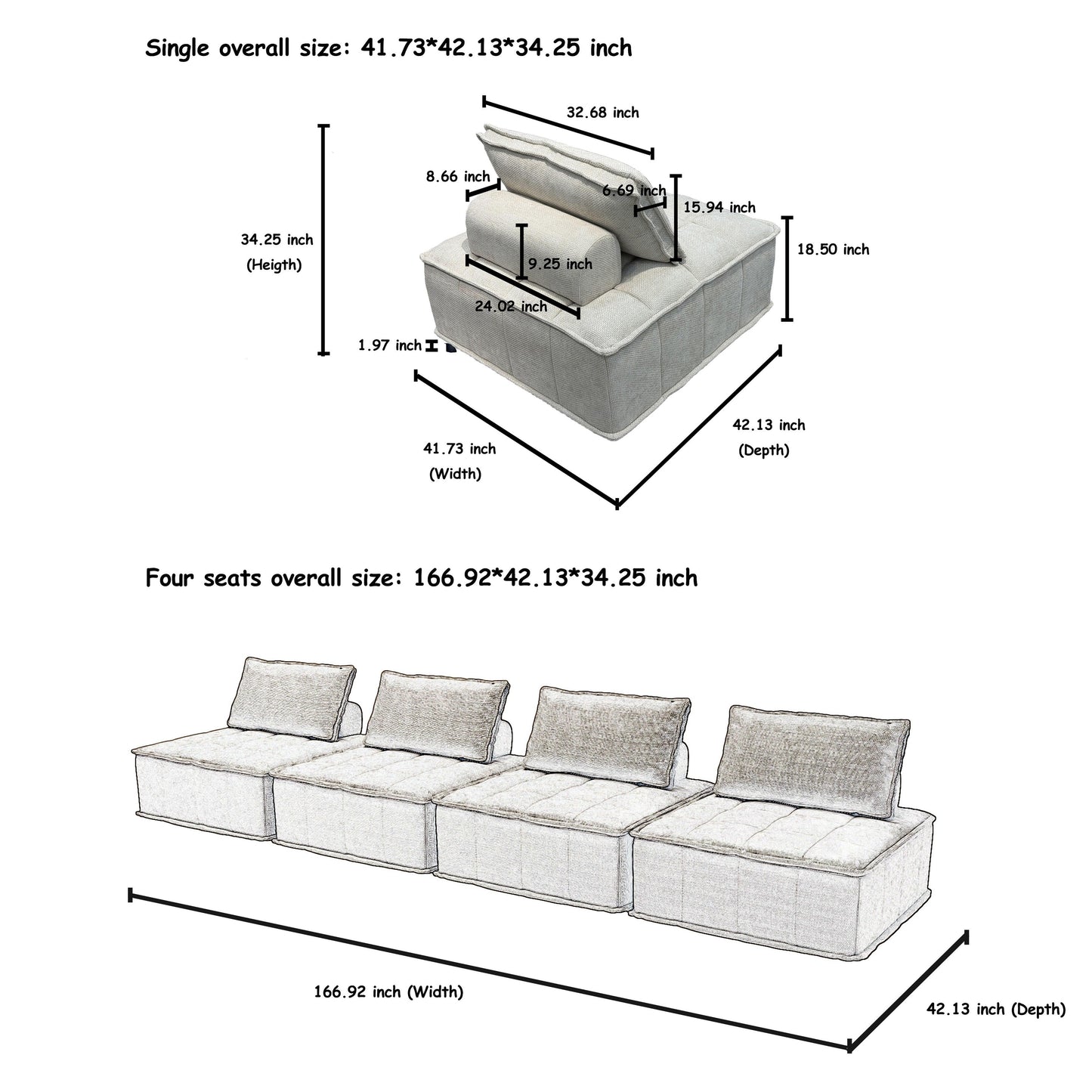 Oversized 4-piece Chenille Modular Square Sofa Set with High-Density Foam Cushions, Free Combination