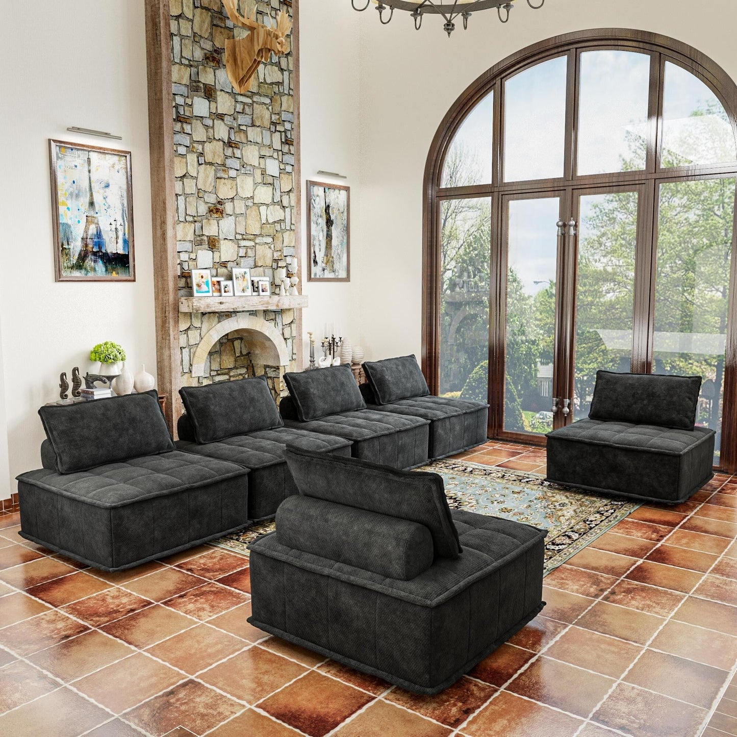 Oversized 6-piece Chenille Modular Square Sofa Set with High-Density Foam Cushions, Free Combination